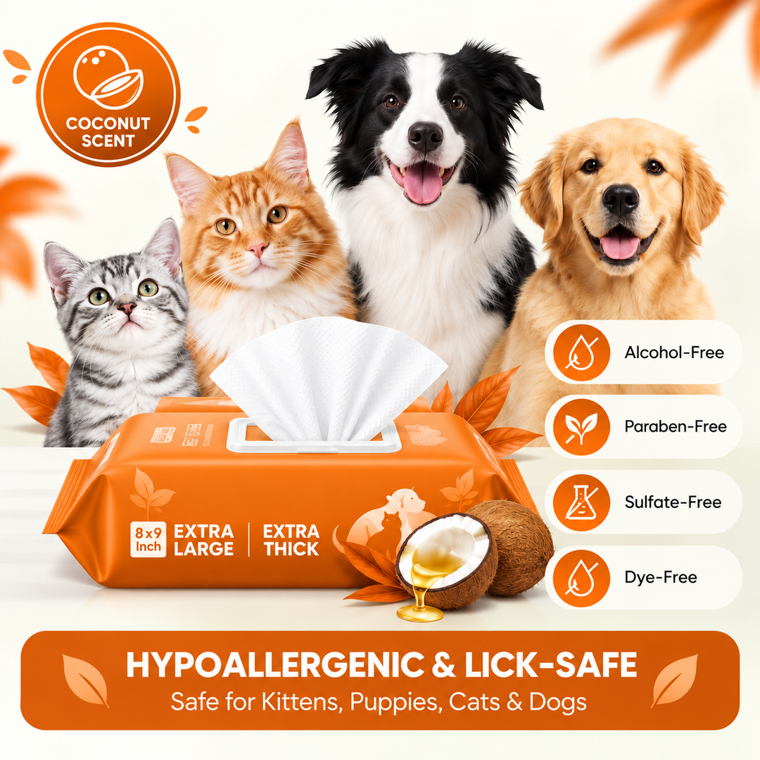 Waterless pet bath wipes infographic: hypoallergenic, deodorizing, coconut scented, 100 count