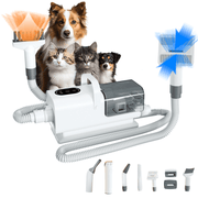 3-in-1 Pet Grooming Vacuum Kit with suction, trimmer, and dryer, shown with dogs and cats. Includes multiple grooming attachments for all fur types.
