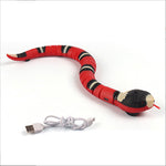 Load image into Gallery viewer, Red and black interactive electric snake cat toy with USB charging cable for smart induction play.
