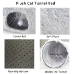 Load image into Gallery viewer, Foldable round plush cat tunnel bed with soft fabric, non-slip bottom, 26cm wide opening, and a hanging playful ball inside.

