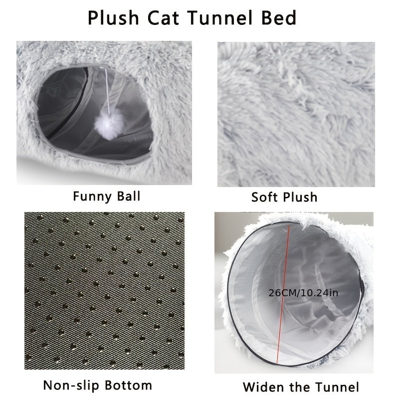 Foldable round plush cat tunnel bed with soft fabric, non-slip bottom, 26cm wide opening, and a hanging playful ball inside.