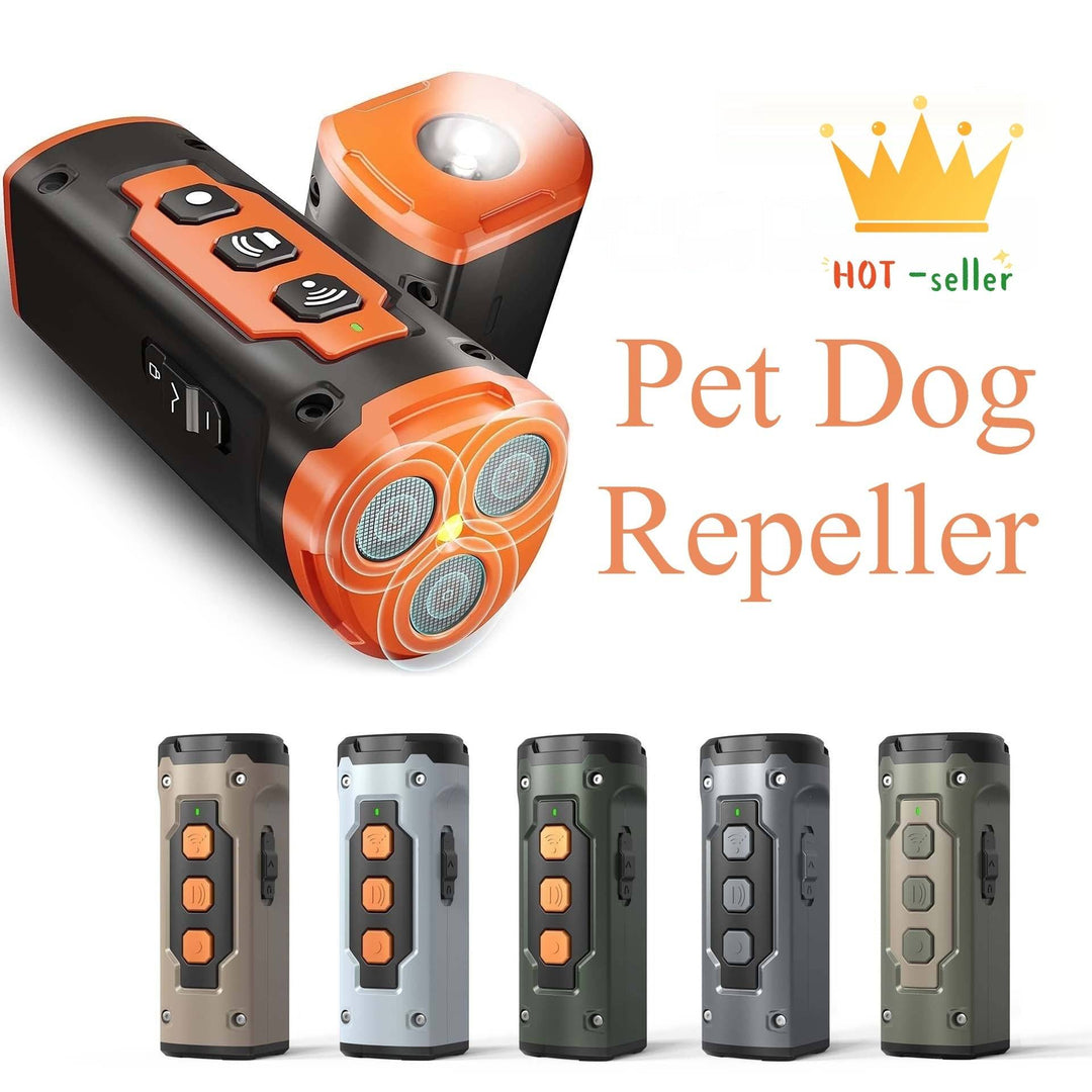 Pet Dog Repeller with triple ultrasonic heads and LED light, available in multiple colors for humane dog training and barking control.