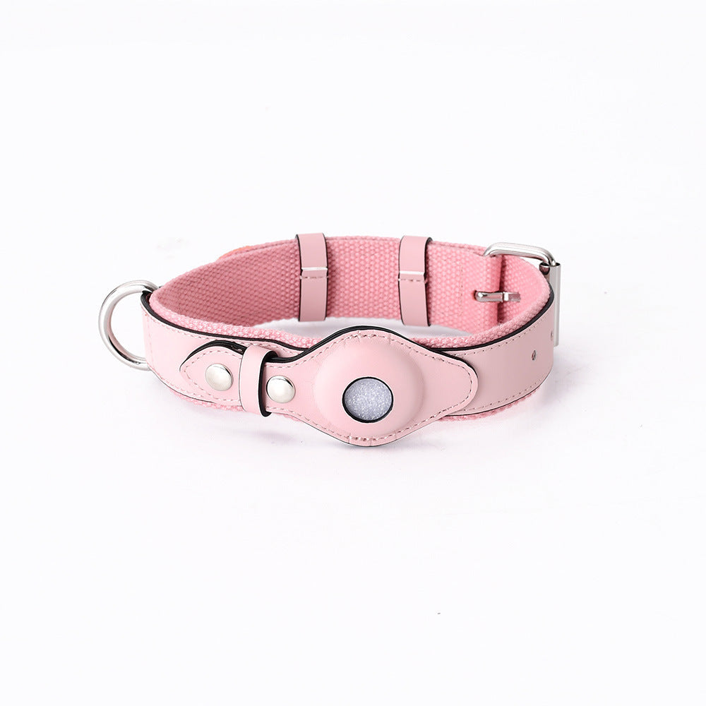 Pink leather adjustable pet collar with protective Airtag cover for cats and dogs, anti-lost tracking accessory