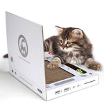 Load image into Gallery viewer, Kitten playing on a durable computer-shaped cat scratch board made of eco-friendly corrugated cardboard lounge toy.
