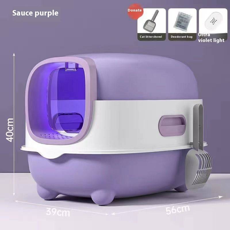 Oversized purple enclosed cat litter box with UV sterilization, deodorizer, and attached litter scoop for easy cleaning