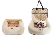 Beige 2-in-1 foldable pet dog carrier car seat pad and thickened mattress with a dog inside.