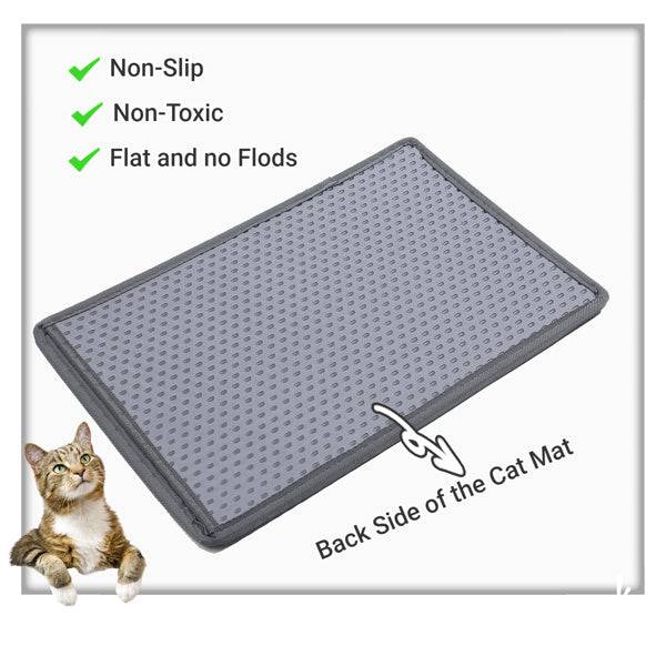 Gray non-slip, non-toxic cat litter box mat with flat design and textured backing to prevent slipping and clumping.