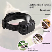 Black smart anti-bark spray dog collar releasing automatic spray to stop barking and destructive behavior.