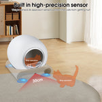 Load image into Gallery viewer, Smart self-cleaning cat litter box with built-in sensors to prevent operation while cat is nearby for safety.
