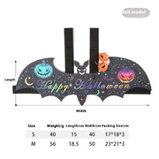 Halloween pet batwing costume with felt bat wings, colorful pumpkins, bells, and adjustable straps for cats and dogs.