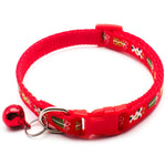 Load image into Gallery viewer, Adjustable red Christmas pet collar with Father Christmas design and attached bell for dogs and cats holiday accessory.
