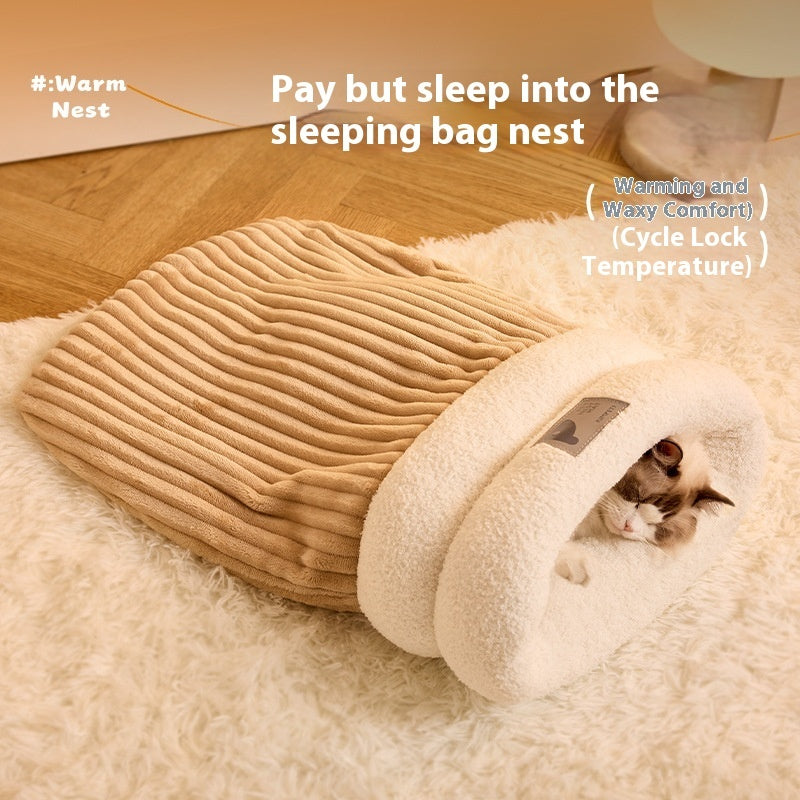 Cat cozy and warm sleeping bag bed made of plush velvet and lambswool for small pets in winter.