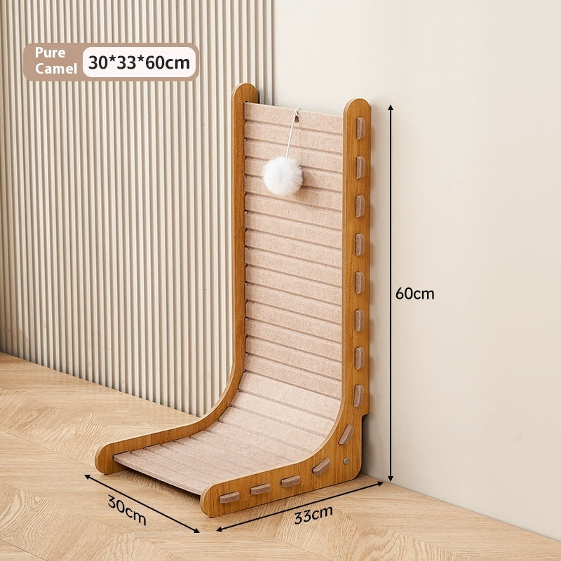 Vertical wall-mounted cat scratch board with felt guard and wooden frame in pure camel color measuring 30x33x60 cm