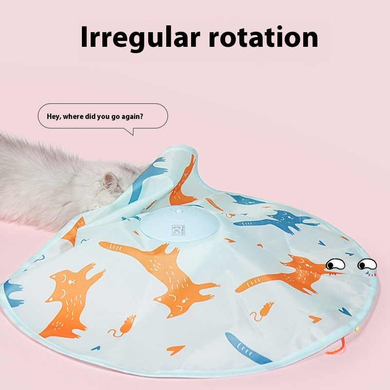 Cat playing with colorful feather necklace on electric self-turntable interactive cat toy with irregular rotation