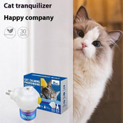 Cat calming diffuser refill 45ml with natural pheromones for anxiety relief and relaxation, next to a curious white and brown cat