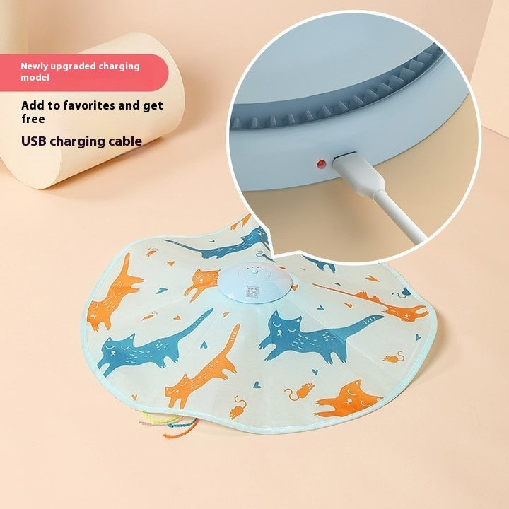 Electric cat teaser toy with colorful cat design and USB rechargeable feature shown in close-up charging port view