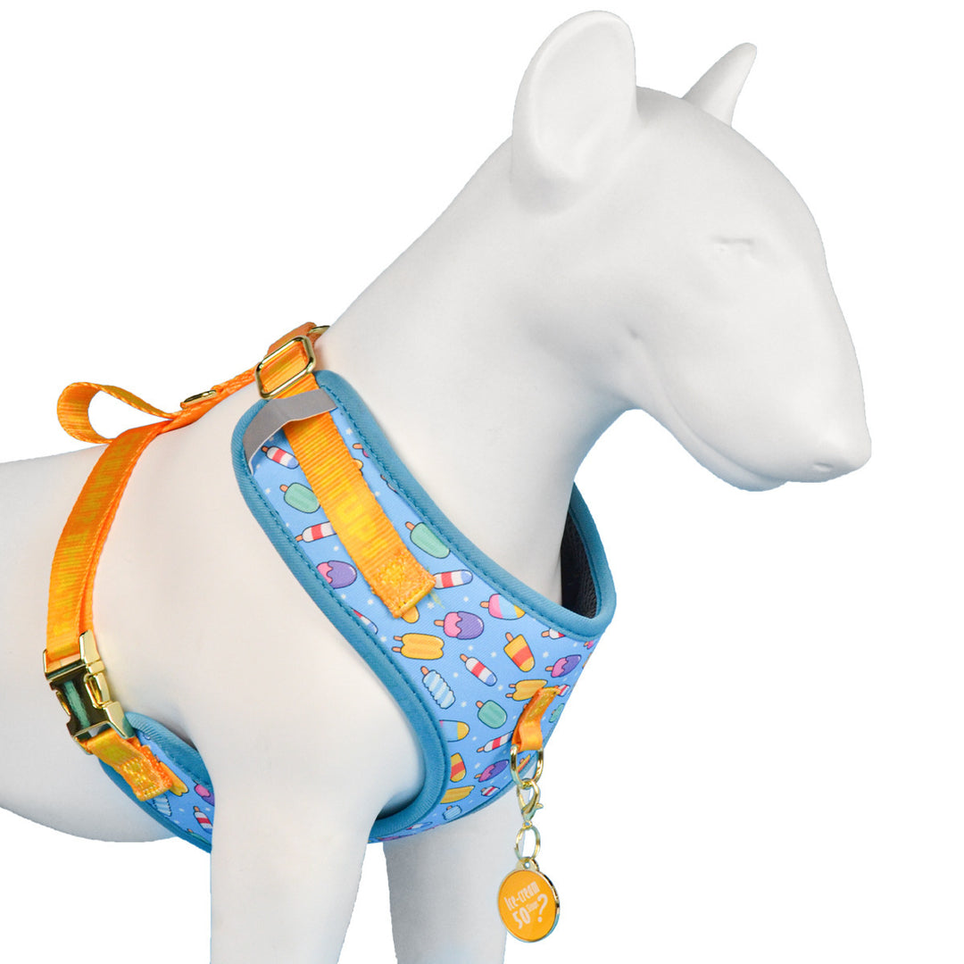 Adjustable breathable dog harness with colorful pattern, lightweight polyester chest strap for small to large dogs, no-pull design