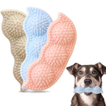 Load image into Gallery viewer, Three textured chew stick dog toys in beige, blue, and pink with a dog holding the blue one in its mouth
