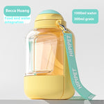 Load image into Gallery viewer, Portable 2-in-1 dog water bottle with food container, 1000ml water and 300ml grain capacity, yellow with teal strap
