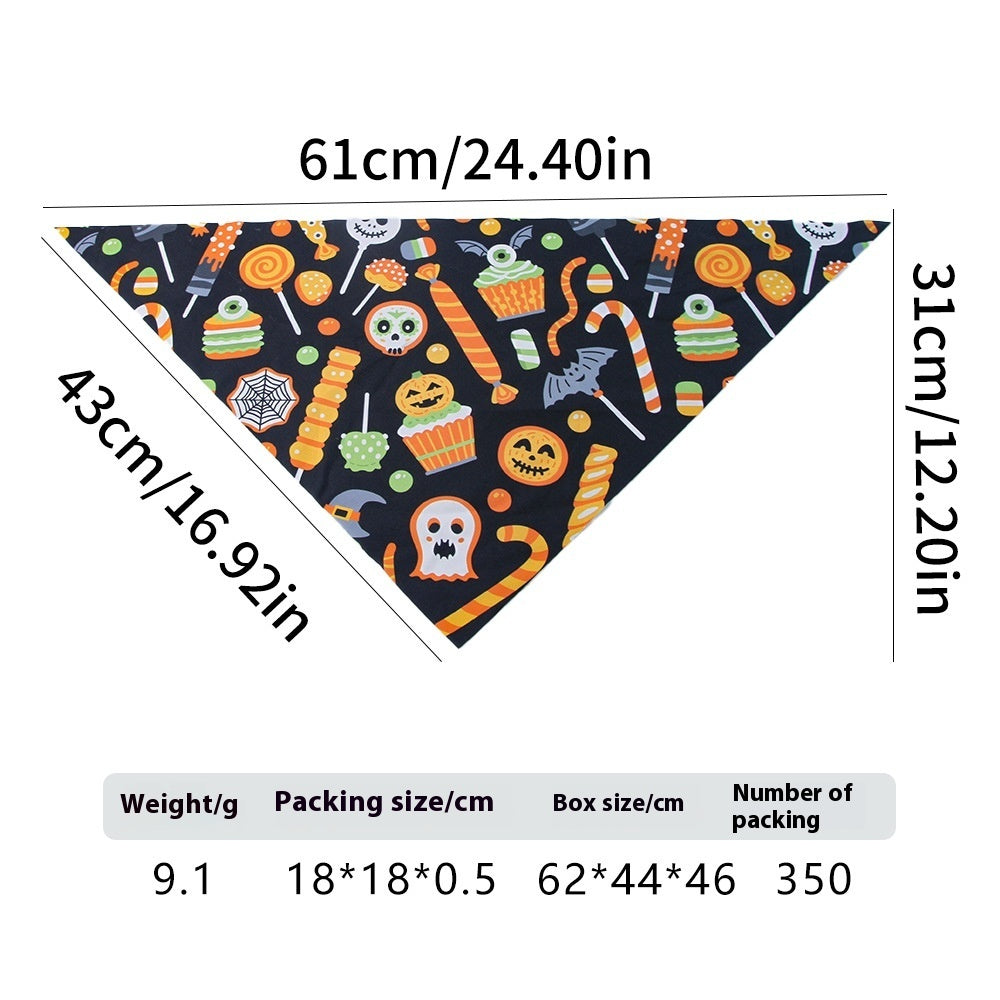 Halloween pet bandana with pumpkin, ghost, candy, and spider web prints, triangle bib for dogs and cats.