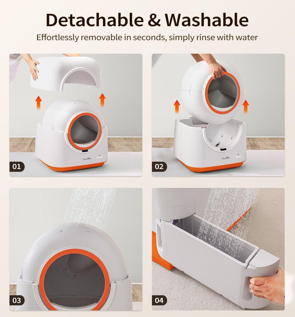 Detachable and washable 60L smart automatic cat litter box being cleaned under running water in steps.