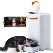 Automatic cat feeder with HD camera, 2-way audio, night vision, portion control, and laser teaser feeding a kitten.