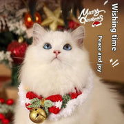 White fluffy cat wearing a Christmas-themed red and white wool pet scarf with a gold bell in holiday decor background