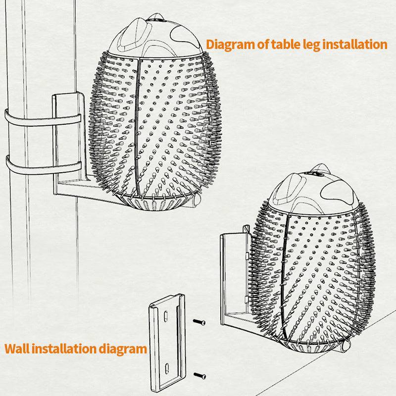 Diagram showing wall and table leg installation methods for the smart cat massager and pet hair brush device