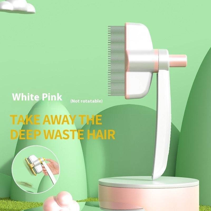 White pink self-cleaning pet grooming comb for removing fleas, tangles, and shedding hair from cats and dogs