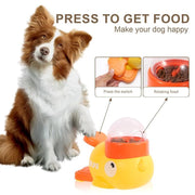 Border Collie dog pressing interactive duck-shaped puzzle feeder with rotating food compartment for slow feeding