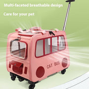 Pink portable pet trolley luggage with breathable mesh windows and retractable handle for two small pets travel