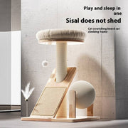 Compact cat climbing frame with sisal scratching board, cushioned perch, and hanging toy for play and rest