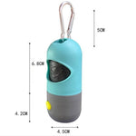 Load image into Gallery viewer, Compact LED light pet waste bag dispenser in blue and gray with carabiner clip for dogs and cats, showing dimensions.
