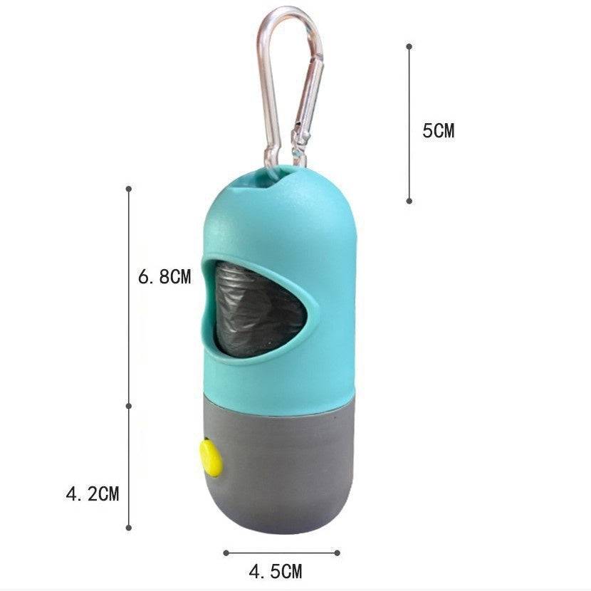 Compact LED light pet waste bag dispenser in blue and gray with carabiner clip for dogs and cats, showing dimensions.