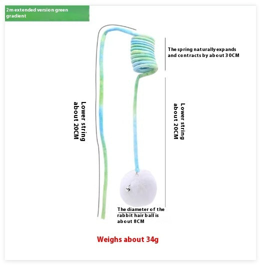Interactive spring cat toy with rabbit fur ball, 2m string, expands 30cm, lightweight 34g for play and exercise