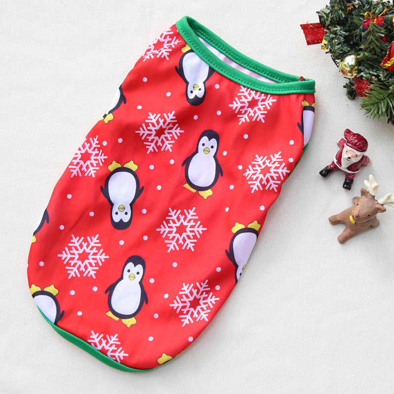 Red holiday dog sweater with penguin and snowflake patterns, winter Christmas outfit for small to large dogs