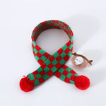 Load image into Gallery viewer, Knitted wool pet Christmas scarf with red and green plaid pattern and pom-poms for small and medium dogs and cats

