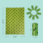 Load image into Gallery viewer, Green dog waste bags with black bone prints, shown flat and rolled with size dimensions for pet cleanup.
