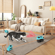 Adjustable Cat Treadmill Toy set up in a living room with a cat chasing a red ribbon along a motorized track for interactive exercise.