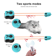 Interactive Cat Treadmill Toy showing two sports modes, automatic and manual, with a remote control and a cat watching the moving ribbon.