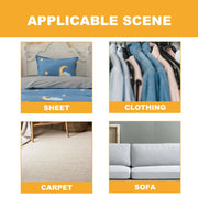 Uses for pet hair remover shown on sheet, clothing, carpet, and sofa surfaces in home settings