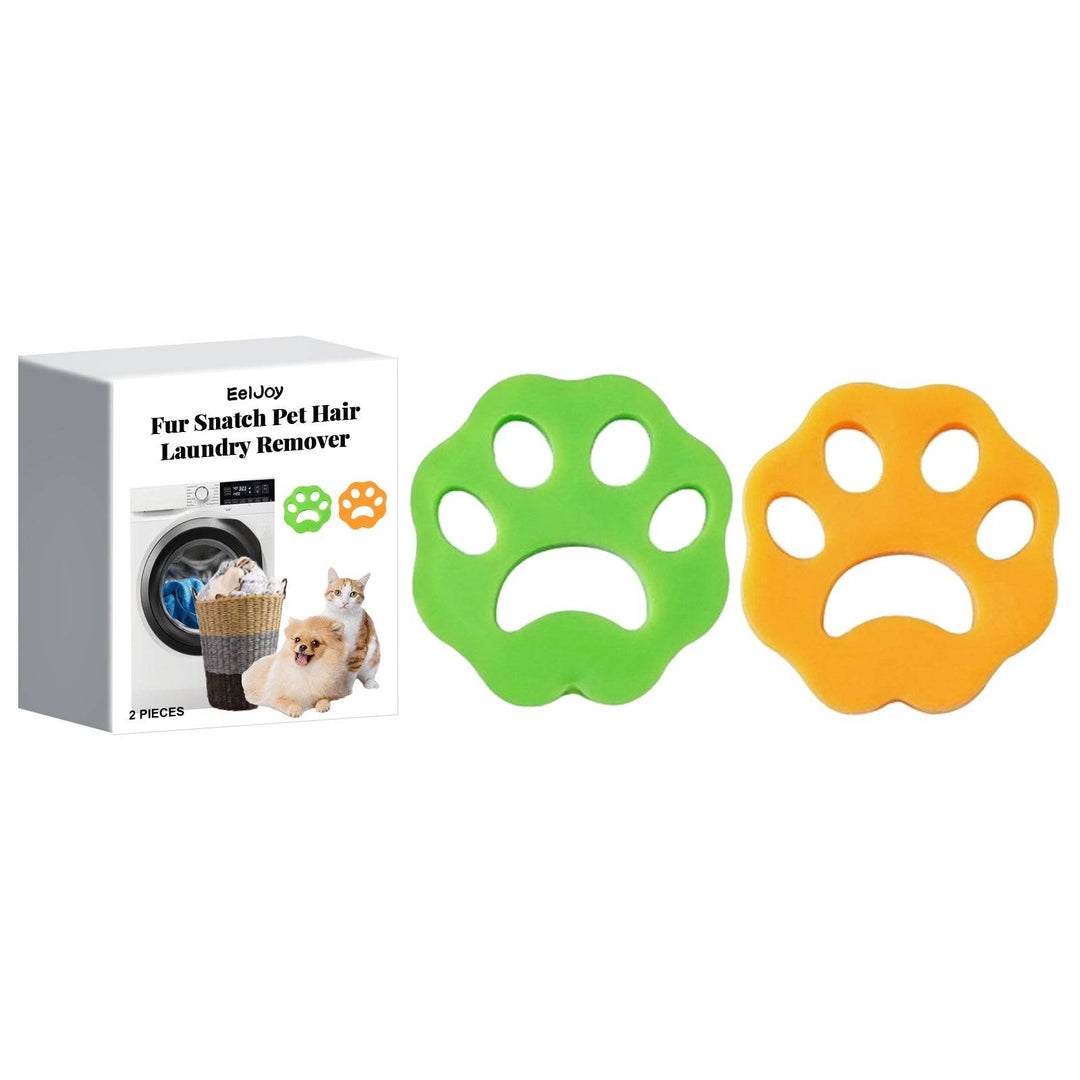 Reusable green and orange paw-shaped pet hair removers for laundry to catch lint and fur in washing machines.