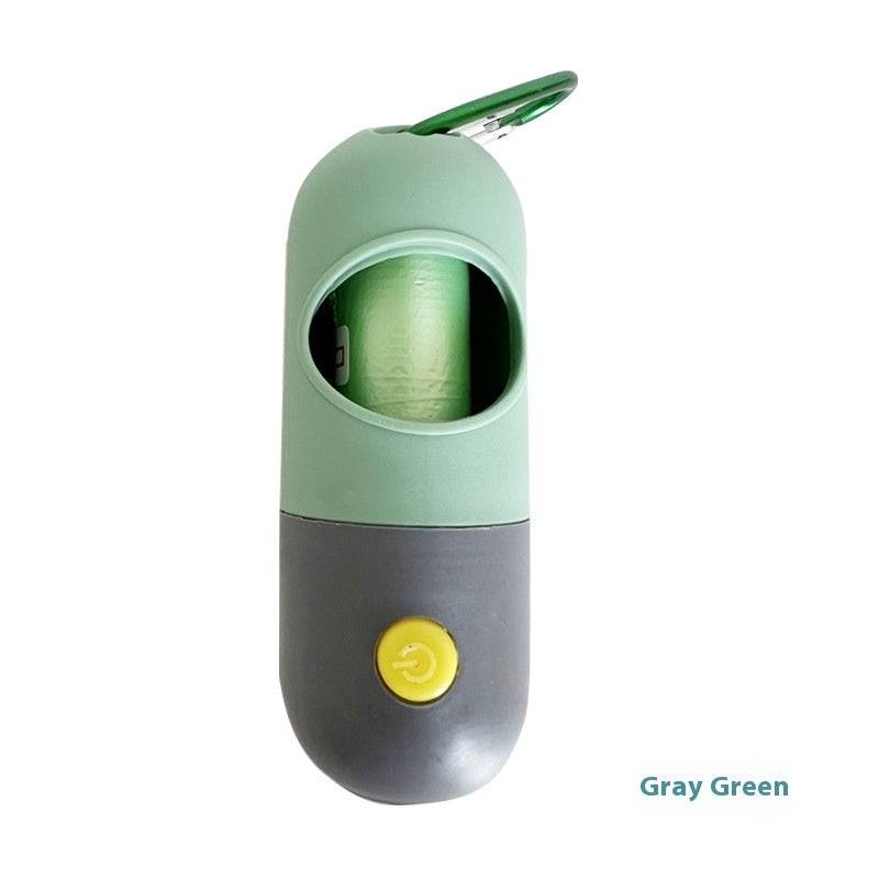 Gray green LED light pet waste bag dispenser with clip and yellow button for dogs and cats