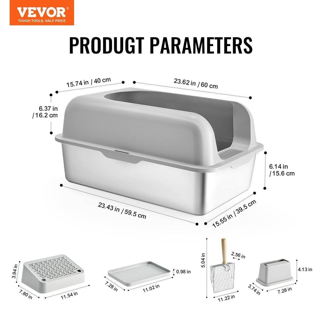 6-inch deep cat litter box with odor control, filtering foot board, and detailed dimensions for all parts shown