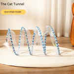 Load image into Gallery viewer, Blue striped foldable S type cat tunnel with mouse and feather toys for indoor and outdoor kitten playtime
