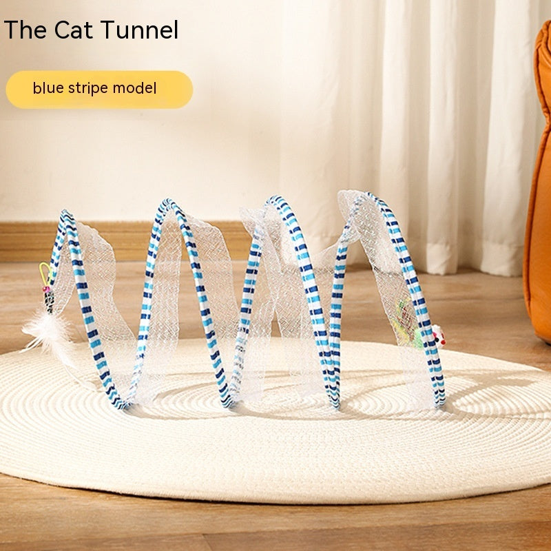 Blue striped foldable S type cat tunnel with mouse and feather toys for indoor and outdoor kitten playtime