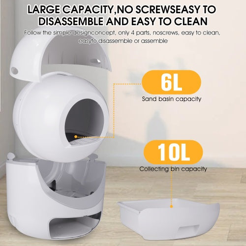 Smart automatic cat litter box with 6L sand basin and 10L collecting bin, easy to disassemble and clean without screws