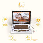 Load image into Gallery viewer, Computer-shaped cat scratch board with corrugated cardboard, toy mouse, and paw print design for indoor cats.
