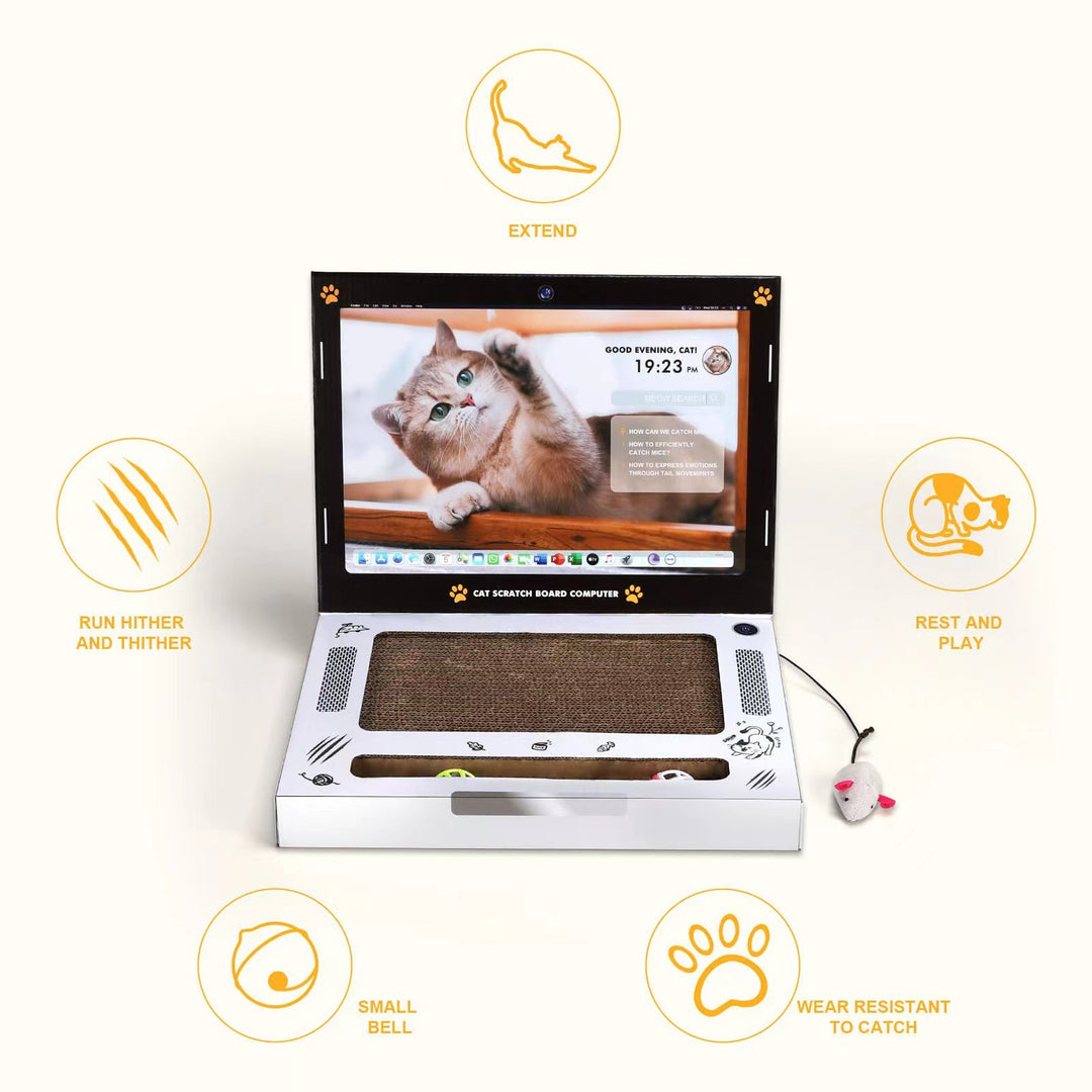 Computer-shaped cat scratch board with corrugated cardboard, toy mouse, and paw print design for indoor cats.