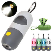 LED light pet waste bag dispenser with clip for dogs and cats, available in multiple colors with flashlight function.